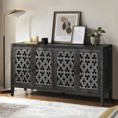 Antique Black Hollow Floral Four-Door Cabinet American Country Style Adjustable Layer Wooden Living Room TV Storage Cabinet