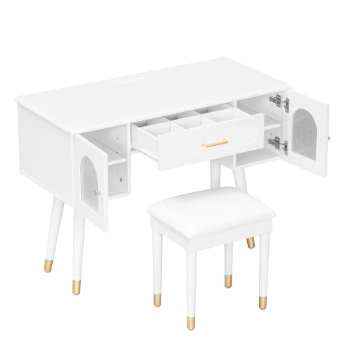 White Multi Purpose Vanity Table & Stool Set, Built in 2 Outlet & 2 USB Charging Port, Carved Glass Cabinet