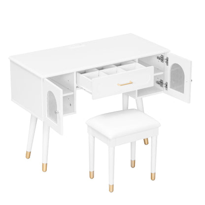 White Multi Purpose Vanity Table & Stool Set, Built in 2 Outlet & 2 USB Charging Port, Carved Glass Cabinet