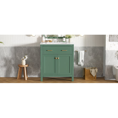 30-inch Bathroom Vanity with Ceramic Sink, Modern Green Single Bathroom Cabinet with 2 Doors and a Shelf, Soft Close Doors