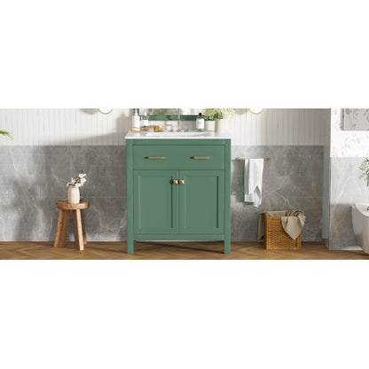 30-inch Bathroom Vanity with Ceramic Sink, Modern Green Single Bathroom Cabinet with 2 Doors and a Shelf, Soft Close Doors