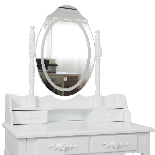 White Princess Vanity Desk Set with Mirror & Cushioned Stool,Light Modes,4-Drawer Wooden Makeup Vanity Table for Girls' Bedroom, Dressing Table with Ample Storage