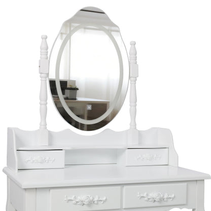 White Princess Vanity Desk Set with Mirror & Cushioned Stool,Light Modes,4-Drawer Wooden Makeup Vanity Table for Girls' Bedroom, Dressing Table with Ample Storage