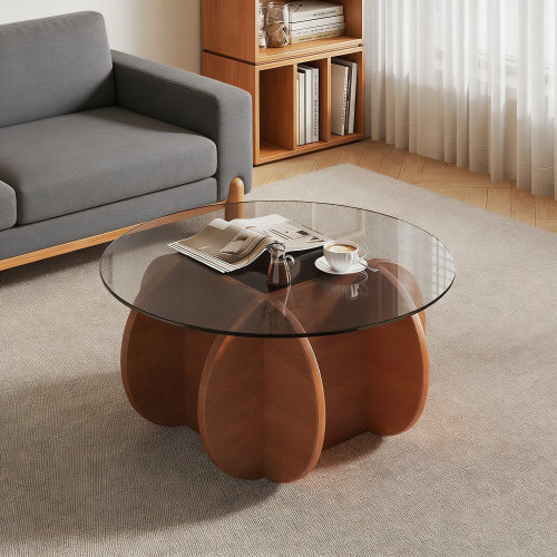 31.5 Inch Round Walnut Coffee Table, Mid Century Modern Tempered Glass Top Center Table for Living Room