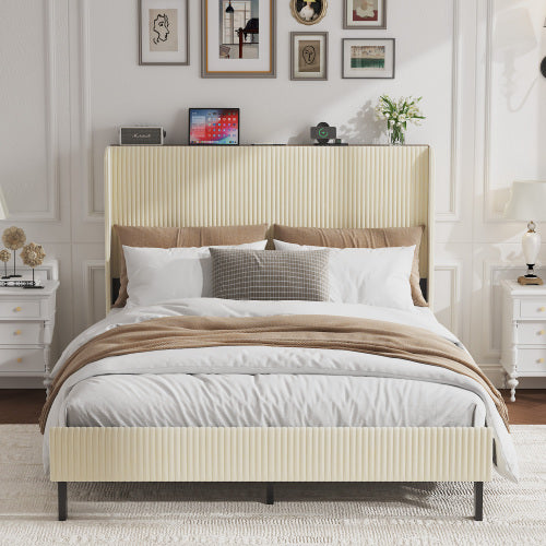 Queen Size Platform Bed , Metal Bed Frame with Charging Station, No Box Spring Needed, (Beige), Noise Free,Easy Assemble.