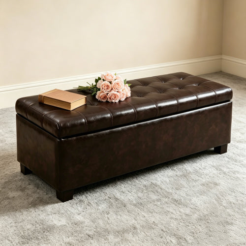 49.75 inch Brown Synthetic Leather Tufted Storage Ottoman Bench, 300 LBS Wooden Leg Entryway Footrest with Safety Hinge