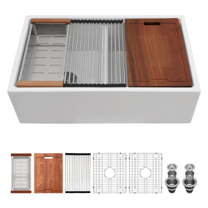 White Farmhouse Sink Workstation - 33 x 20 x 10 inch White Porcelain Ceramic Double Bowl Farm Kitchen Sink