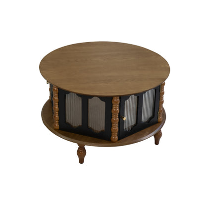 31.5inch  Round Wooden Coffee Table with Glass Doors, Walnut & Black