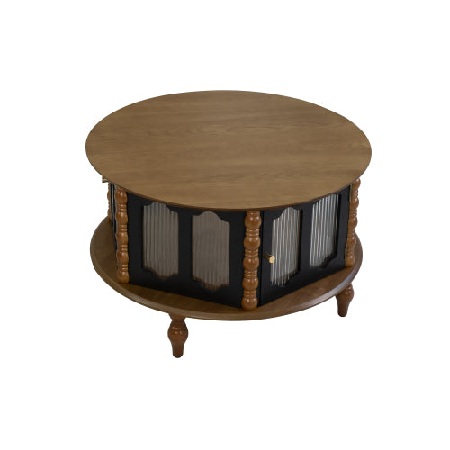 31.5inch  Round Wooden Coffee Table with Glass Doors, Walnut & Black