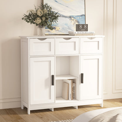 White Multi-Functional Wooden Storage Cabinet With 3 Drawers 2 Doors Adjustable Shelves Home Accent Cabinet