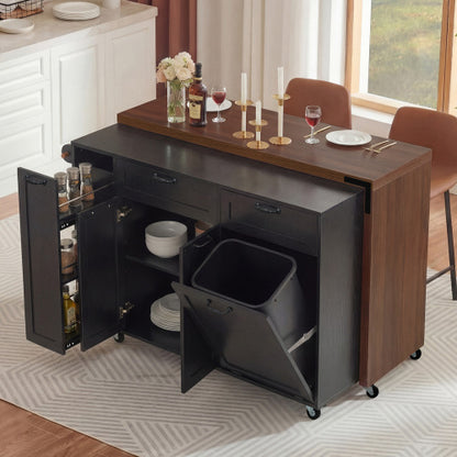 102 Inch Kitchen Island with Extendable Dining Table & Trash Storage Black