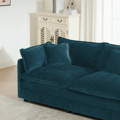 Blue Chenille Modern Deep-Seat Loveseat Sofa with 4 Throw Pillows