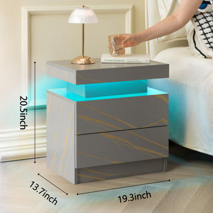 Nightstand LED Bedside Table Cabinet Lights Modern End Side with 2 Drawers for Bedroom (Grey Gold)