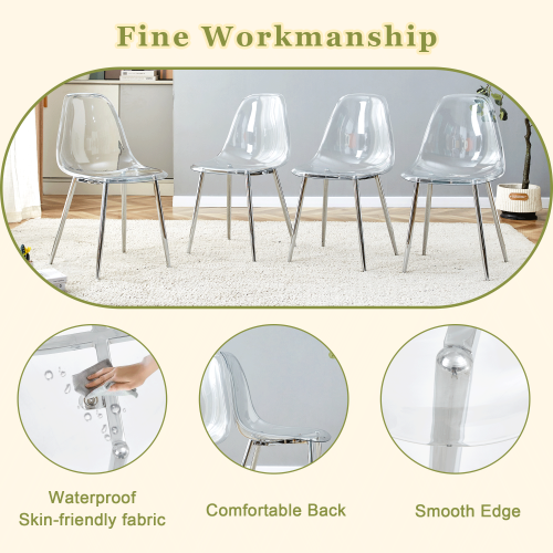 5-Piece Modern Round Glass Dining Set, Transparent Tempered Glass Table & Chairs with Silver Metal Legs