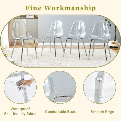 5-Piece Modern Round Glass Dining Set, Transparent Tempered Glass Table & Chairs with Silver Metal Legs