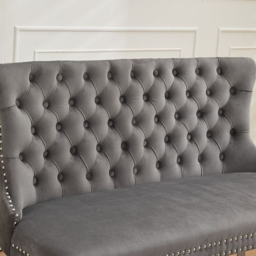 Velvet Double Dining Loveseat Bench, Kitchen & Dining Seating, 2-Seat Tufted Bench w/Handmade Buttons, Wing Back, Brushed Silver Stainless Steel Legs, Mid Century Modern,Single Pack,Gray
