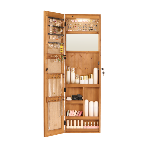 Solid Wood Jewelry Armoire Organizer Cabinet with Full-Length Mirror, 47.5x14.3 in Wall-Mounted Lockable with LED Light