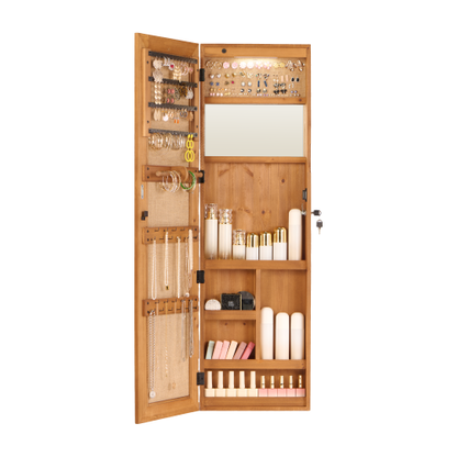 Solid Wood Jewelry Armoire Organizer Cabinet with Full-Length Mirror, 47.5x14.3 in Wall-Mounted Lockable with LED Light