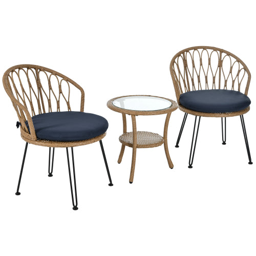 U_STYLE Outdoor Leisure Set, 2 Rattan Single Chairs with A Glass Round Table, Perfectly Suited for Patios, Balconies, and Courtyards