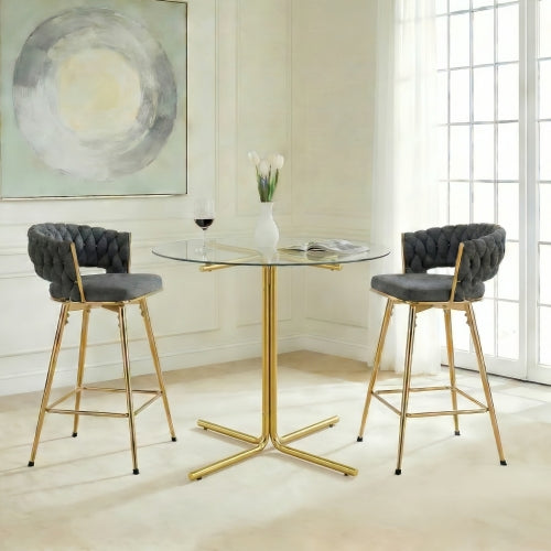 2-person glass bar table combination, 3-piece modern kitchen bar table set including 2 cotton and linen soft cushioned bar chairs, suitable for glass bar table combination in kitchen and dining rooms