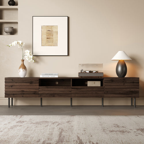 78.7 inch Dark Brown Slatted TV Stand Heavy Iron Leg Entertainment Center Max 85 Inch TV