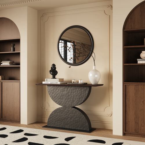 47 inchDouble Semi-Circles 3d Hammer-Shaped Texture Base Wood Console Table With Led Light Entryway Table Modern Console Table,Sofa Console Tables For Living Room