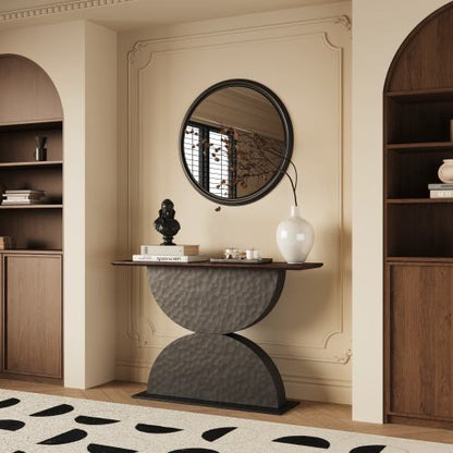 47 inchDouble Semi-Circles 3d Hammer-Shaped Texture Base Wood Console Table With Led Light Entryway Table Modern Console Table,Sofa Console Tables For Living Room