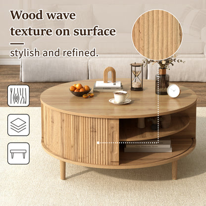 Round Lift Top Coffee Table Storage Sliding Door Pine Wood Legs Modern Wave Grain