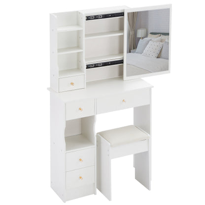 29.2inch  Small Space Left Drawer Desktop Vanity Table + Cushioned Stool, Extra Large Right sliding mirror, Multi Layer High Capacity Storage, Practical Fashionable Dresser, Suitable For Small Space