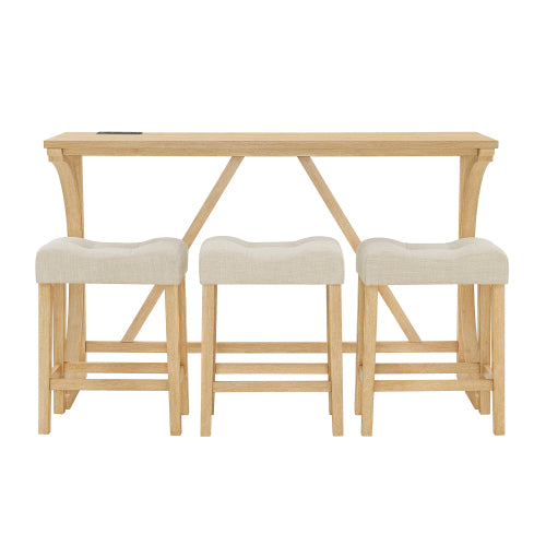 4-Piece 59inch  Bar Set with Outlet, Solid Wood Frame & 3 Linen Stools