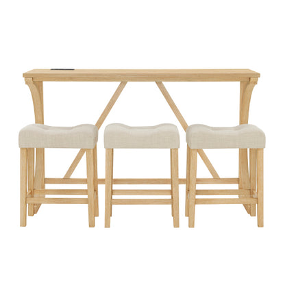 4-Piece 59inch  Bar Set with Outlet, Solid Wood Frame & 3 Linen Stools