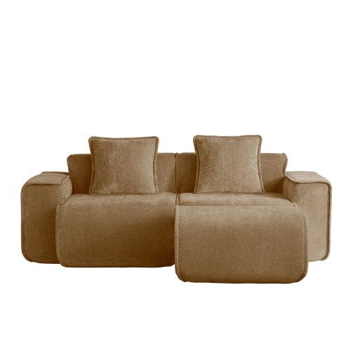Brown Velvet 2-Seat L-Shape Modular Boneless Sofa, Ottoman & Pillows