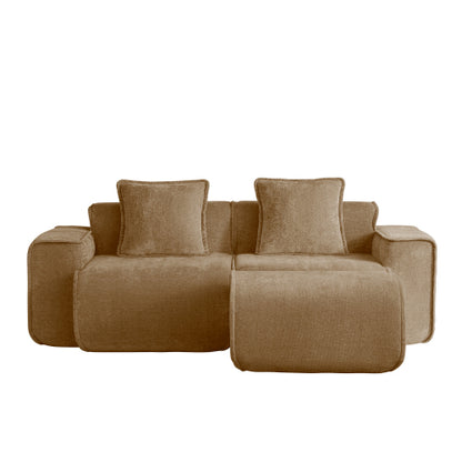Brown Velvet 2-Seat L-Shape Modular Boneless Sofa, Ottoman & Pillows