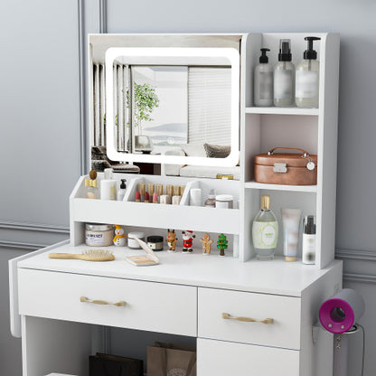 Vanity Desk with LED Mirror Lights and Power Outlet Charging Station, Makeup Dressing Table with 3 Drawers, 7 Shelves and Storage Stool, for Girls and Women (White)