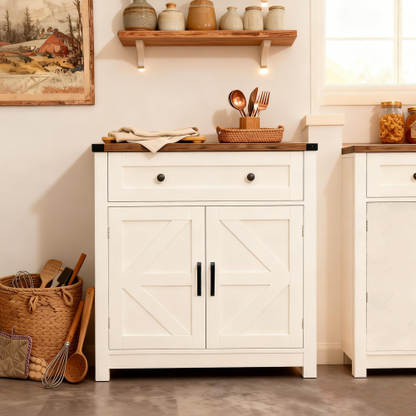 White & Wood-Grain Top Farmhouse Barn-Door Storage Cabinet, Coffee Bar Buffet Sideboard with Drawer for Kitchen & Living Room