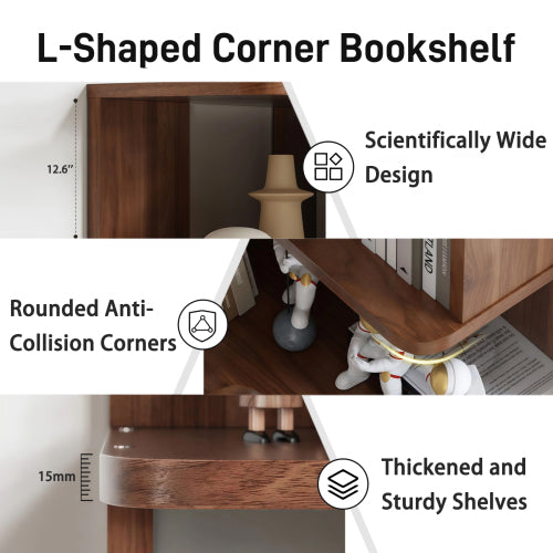 66-Inch 6-Tier Corner Bookshelf L-Shaped Open Storage Walnut
