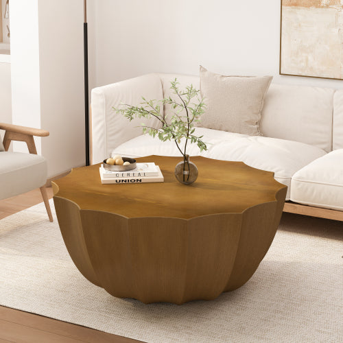 35.43" Modern Outdoor and Indoor Waterproof Coffee Table, Durable MgO Cement Design, Suitable for Terraces, Gardens, Backyards and Living Rooms (Deep wood grain color)