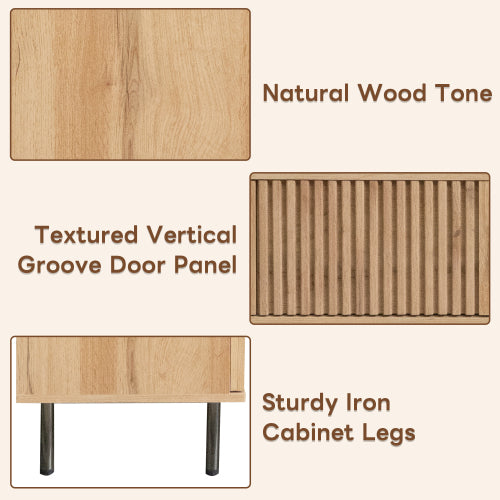 78.7 inch Natural Wood Vertical Groove TV Stand Heavy Iron Leg Entertainment Center For 85 inch TV