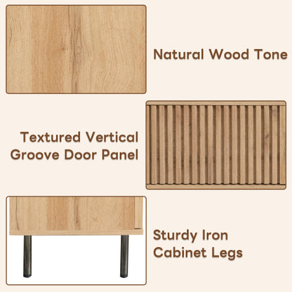 78.7 inch Natural Wood Vertical Groove TV Stand Heavy Iron Leg Entertainment Center For 85 inch TV