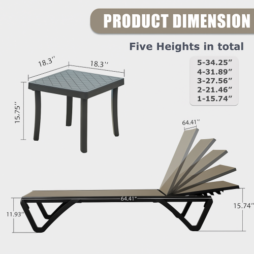 Pool Lounge Chairs Set of 2 with Side Table, Aluminum Adjustable Outdoor Chaise Lounge with Wheels, All Weather Poolside Chairs for Deck Lawn Patio Backyard, Textilene, Khaki