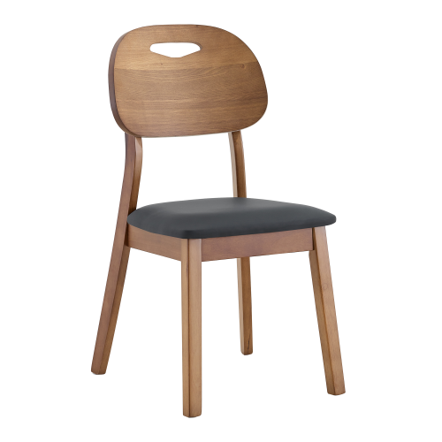 Set of 2 Walnut Solid Wood Dining Chairs, Hollow Back Chairs with Black PU Seat Cushion