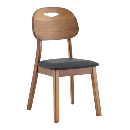 Set of 2 Walnut Solid Wood Dining Chairs, Hollow Back Chairs with Black PU Seat Cushion