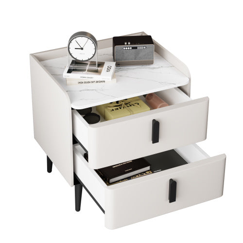 Nightstand with 2 Drawers, Night Stand with Marble-Pattern Tabletop, Modern Beside Table for Bedroom, End Table for Living Room, White