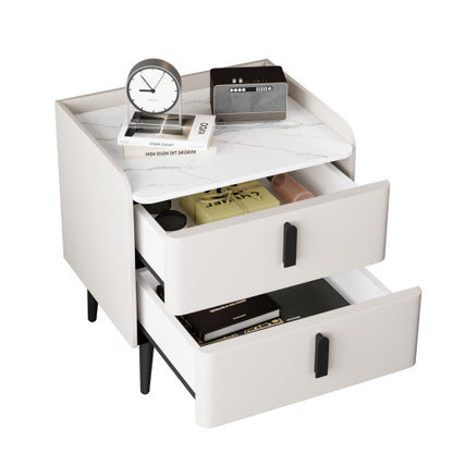 Nightstand with 2 Drawers, Night Stand with Marble-Pattern Tabletop, Modern Beside Table for Bedroom, End Table for Living Room, White