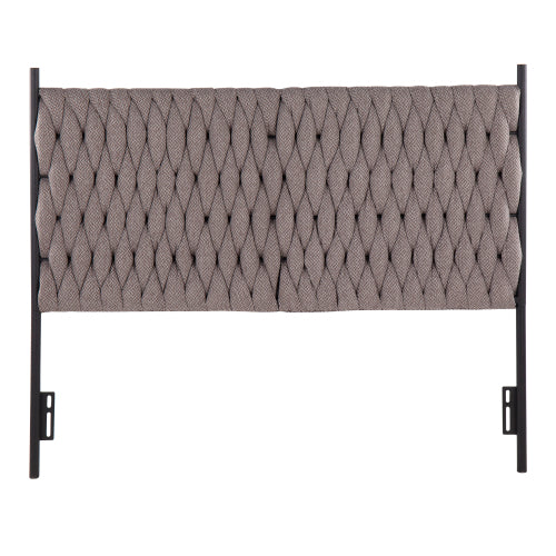 Braided Queen Size Headboard in Black Metal and Grey Fabric by