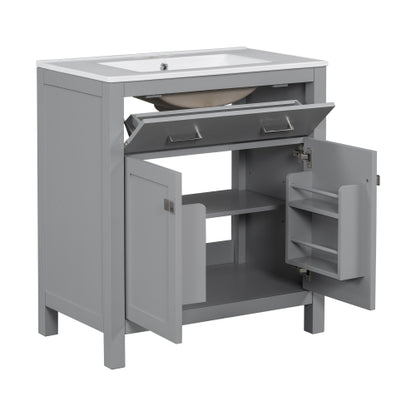 30" Bathroom Vanity with Ceramic Sink, Modern Gray Single Bathroom Cabinet with 2 Doors and a Shelf, Soft Close Doors