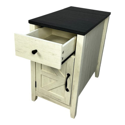 Farmhouse End Table Bedside Table with Charging Station,Night Stand with Barn Door and Drawer, Storage for Bedroom Living Room ,Bedside Table,  White+Black color