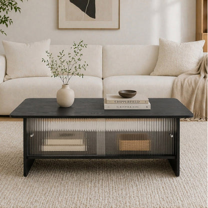 47 Inch Modern Coffee Table with Fluted Glass Sliding Doors, Black