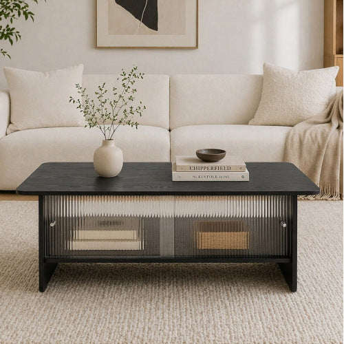 47 Inch Modern Coffee Table with Fluted Glass Sliding Doors, Black