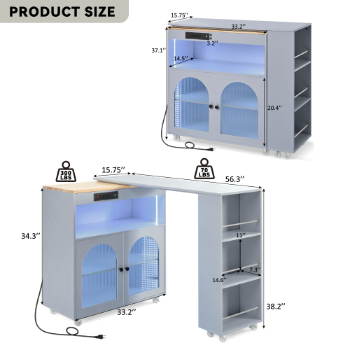 Grey Rolling Kitchen Island Cart With LED Light USB Socket & Fluted Glass Doors